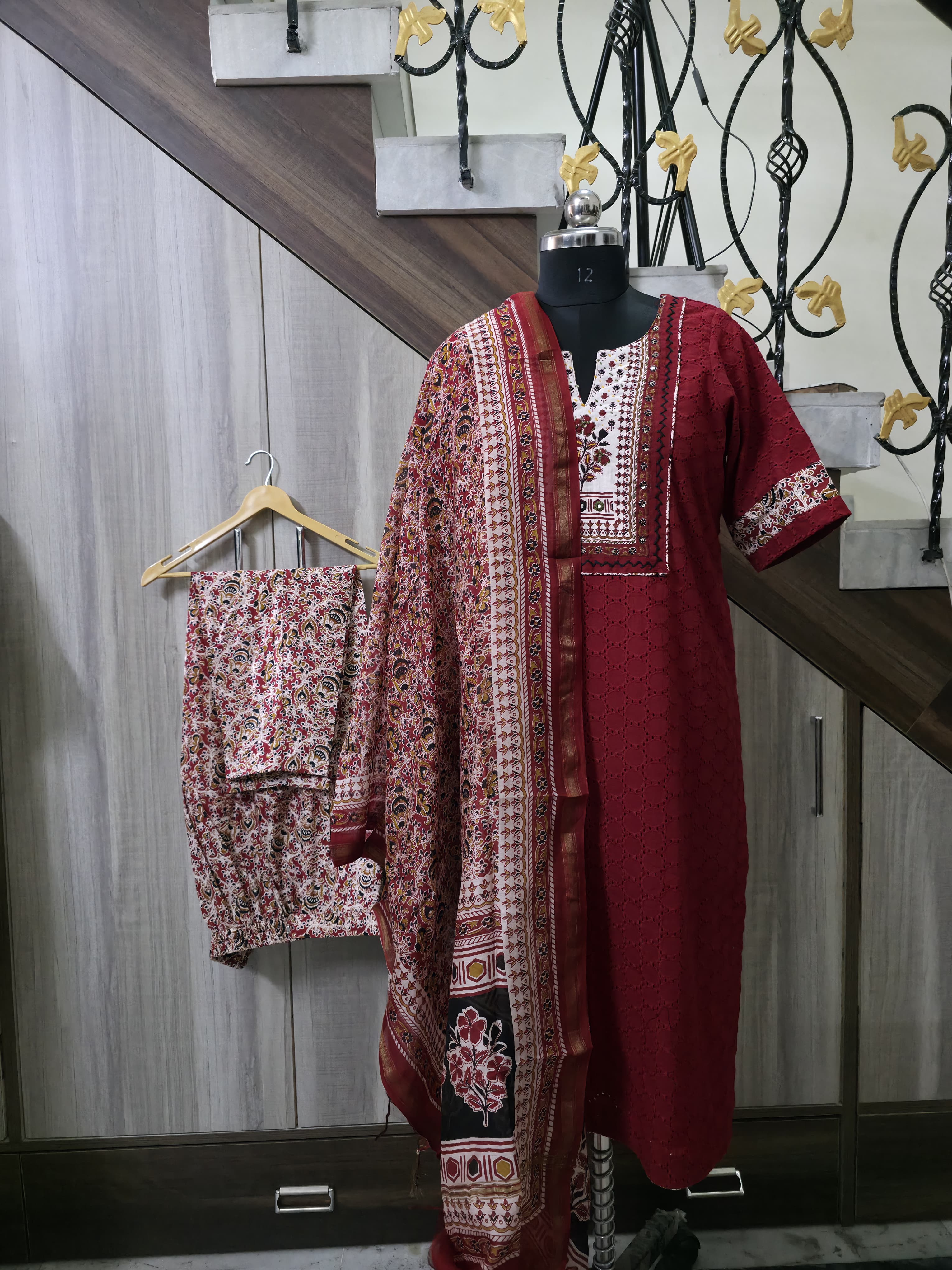 Maroon/Navy Chikankari Cotton Kurta Set with Floral Print Dupatta and Trousers